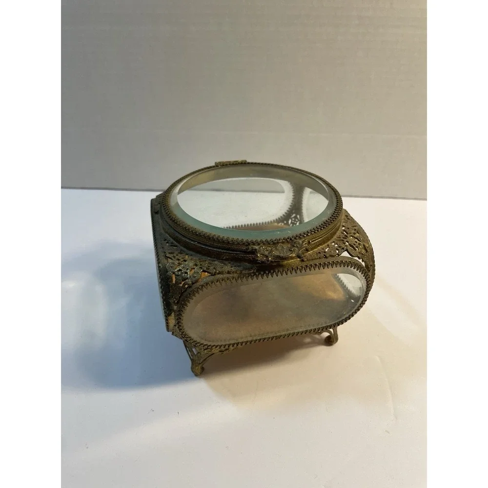 Vtg Gold Tone Beveled Glass Jewelry Box/Casket. 4 Sided